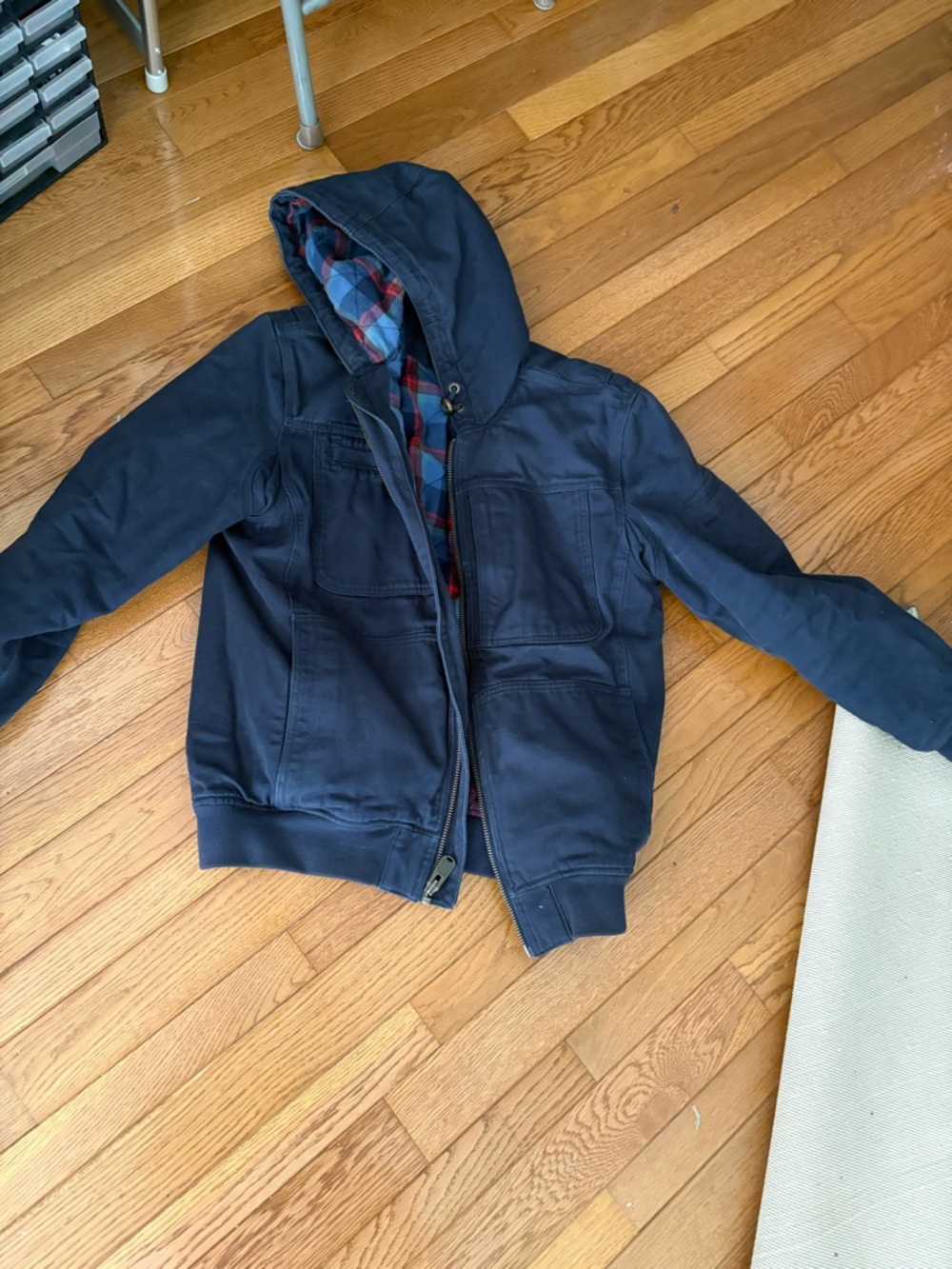 Navy Hooded Utility Jacket with Plaid Lining